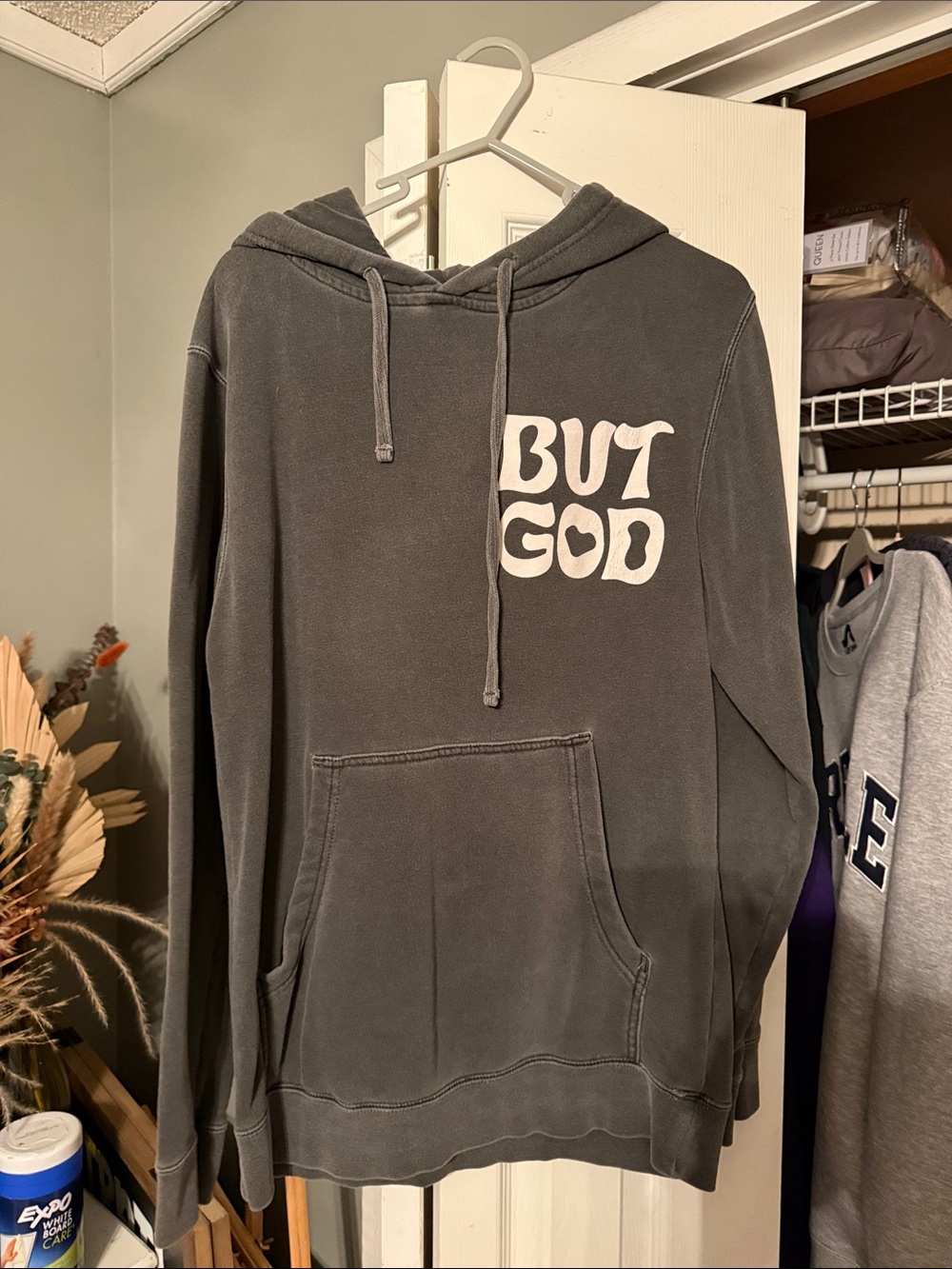 BUT GOD Graphic Hoodie - Women's Charcoal Pullover Sweatshirt oversized